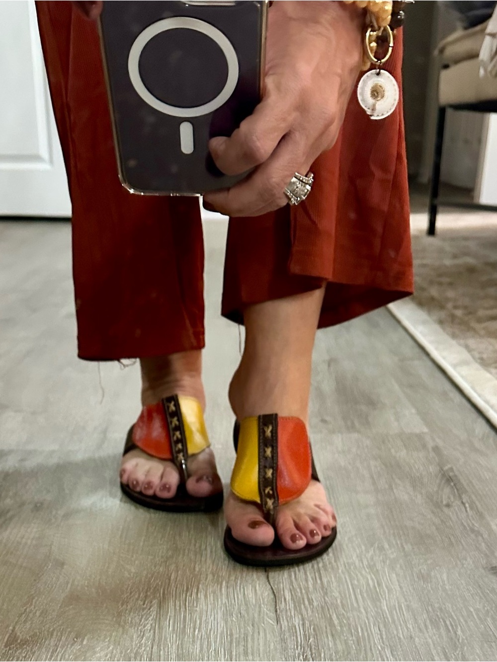 Colorblock Leather Slide Sandals in Orange, Yellow & Brown